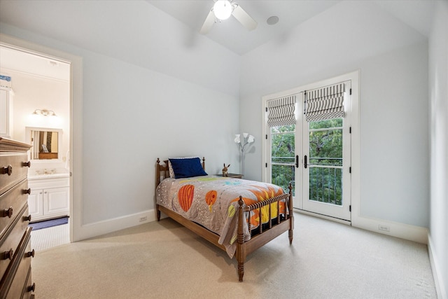 3001 Tangley Rd, West University Place, TX 77005 - bedroom with access to exterior, light carpet, ensuite bath, lofted ceiling, and ceiling fan