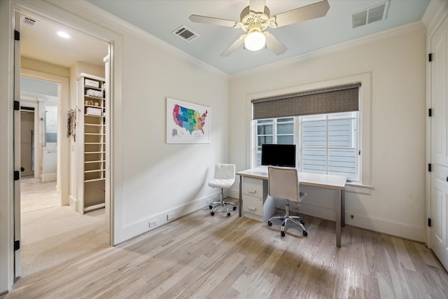 3001 Tangley Rd, West University Place, TX 77005 - office space featuring light wood-type flooring, ornamental molding, and a ceiling fan