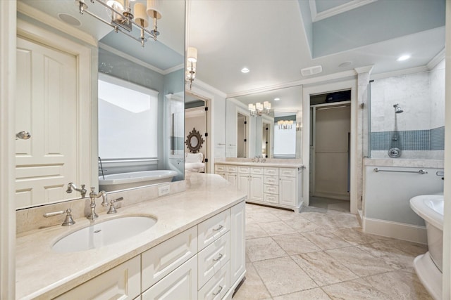 3001 Tangley Rd, West University Place, TX 77005 - full bathroom featuring a chandelier, ornamental molding, a stall shower, a garden tub, and two vanities
