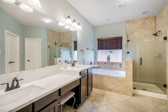 3602 Buchanan Hill Ln, Katy, TX 77494 - bathroom with double vanity, a garden tub, a shower stall, and tile patterned flooring