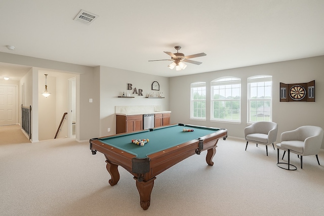 3602 Buchanan Hill Ln, Katy, TX 77494 - recreation room featuring wet bar, light colored carpet, billiards, and ceiling fan