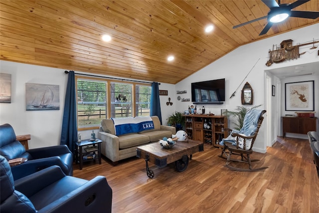 236 Fern, Livingston, TX 77351 - living area with wood ceiling, ceiling fan, lofted ceiling, wood finished floors, and recessed lighting