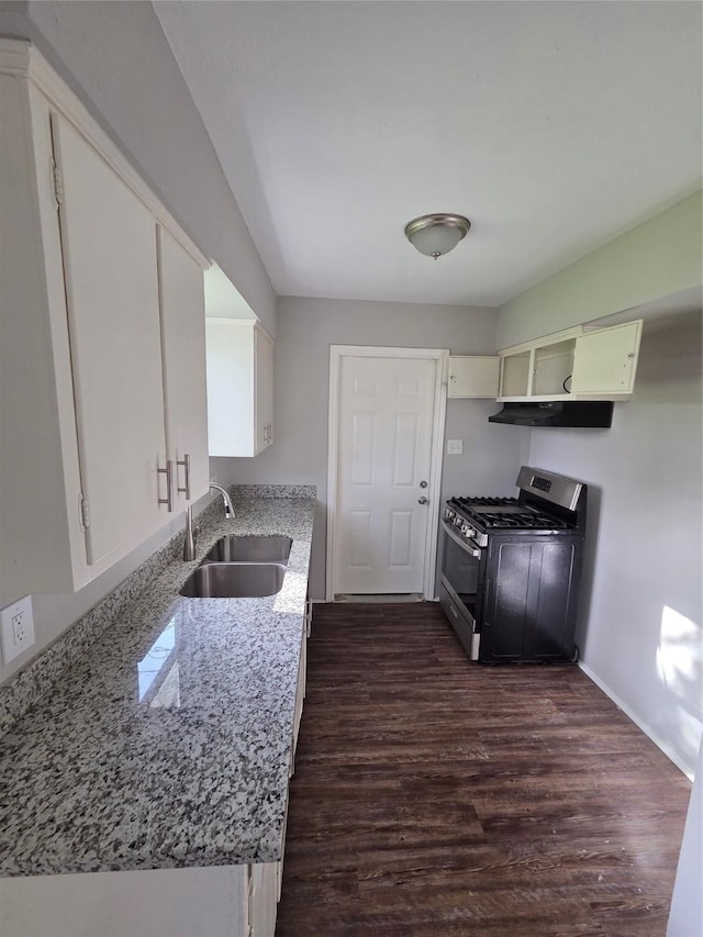 10606 Rubin St, Houston, TX 77047 - kitchen featuring gas range, dark wood finished floors, extractor fan, and light stone counters