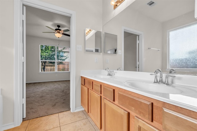 3510 Orchard Valley Ln, Spring, TX 77386 - full bath featuring double vanity, tile patterned flooring, and ceiling fan