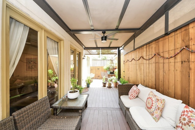 6310 Hermann Lake Dr, Houston, TX 77021 - wooden terrace with a ceiling fan and outdoor lounge area