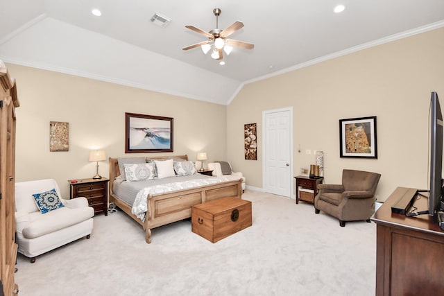6310 Hermann Lake Dr, Houston, TX 77021 - bedroom featuring light carpet, vaulted ceiling, crown molding, a ceiling fan, and recessed lighting
