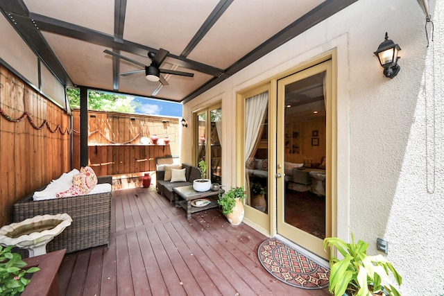 6310 Hermann Lake Dr, Houston, TX 77021 - wooden terrace with french doors and a ceiling fan
