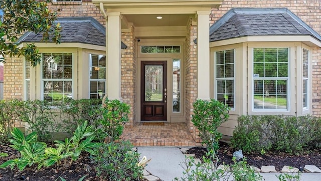 14822 Meridian Park Ln, Humble, TX 77396 - property entrance with brick siding and roof with shingles