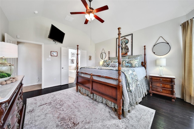 17003 Buffalo Peak Ct, Humble, TX 77346 - bedroom with vaulted ceiling, dark wood finished floors, ensuite bathroom, and ceiling fan