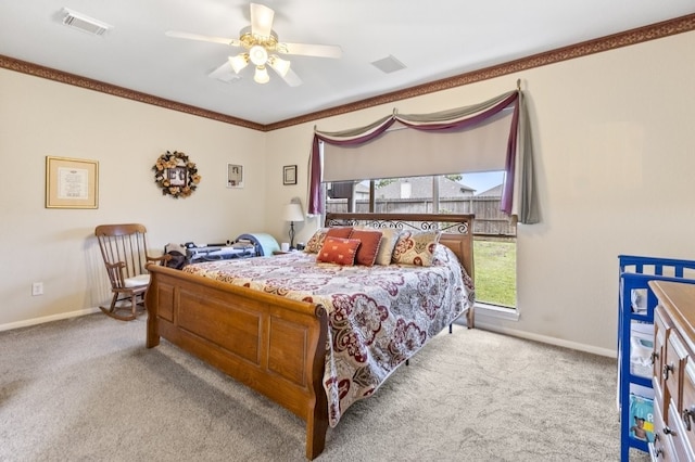 10415 Claybrook Dr, Houston, TX 77089 - bedroom featuring multiple windows, carpet floors, ornamental molding, and ceiling fan