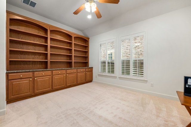 21510 Briar Landing Ln, Katy, TX 77450 - interior space with a ceiling fan, light colored carpet, and vaulted ceiling
