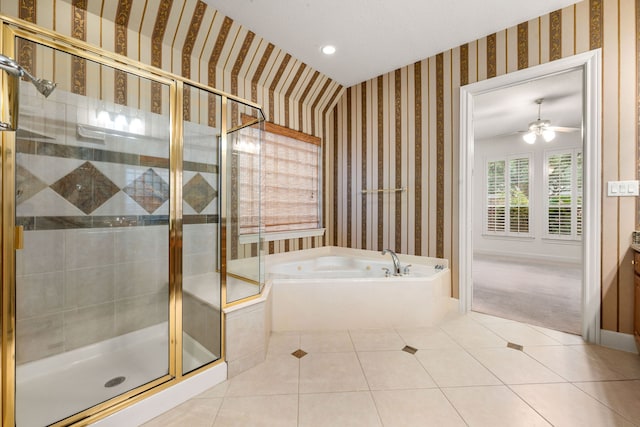 21510 Briar Landing Ln, Katy, TX 77450 - full bath with tile patterned floors, a garden tub, a stall shower, wallpapered walls, and ceiling fan