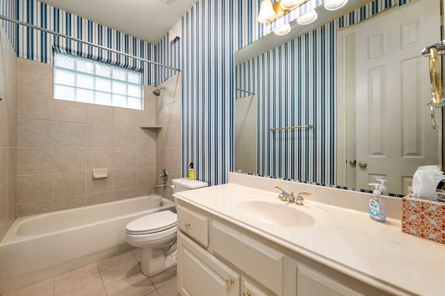 21510 Briar Landing Ln, Katy, TX 77450 - full bath featuring wallpapered walls, vanity,  shower combination, tile patterned floors, and a textured ceiling