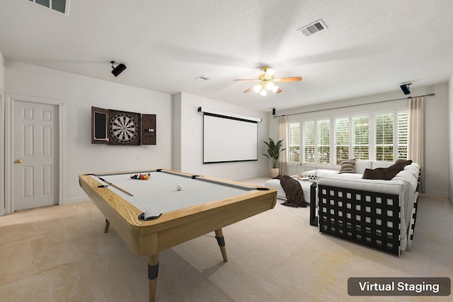 21510 Briar Landing Ln, Katy, TX 77450 - recreation room with light carpet, ceiling fan, a textured ceiling, and billiards