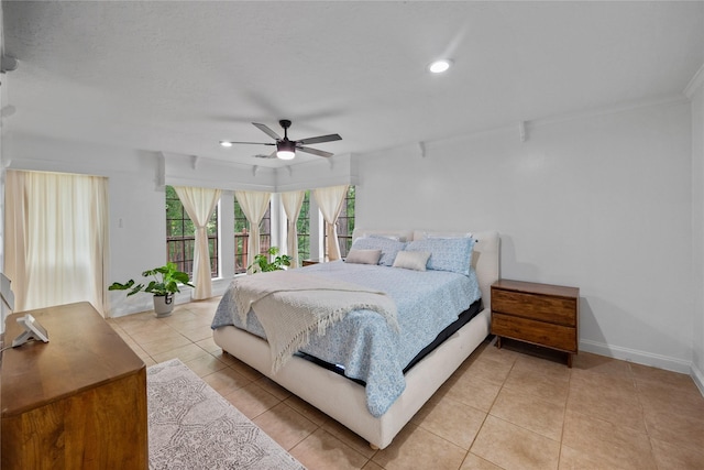 8519 Rebawood Dr, Humble, TX 77346 - bedroom featuring light tile patterned floors, ceiling fan, recessed lighting, and access to outside