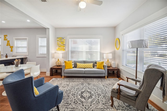 2212 Alabama St, Houston, TX 77004 - living room with a ceiling fan, wood finished floors, and recessed lighting