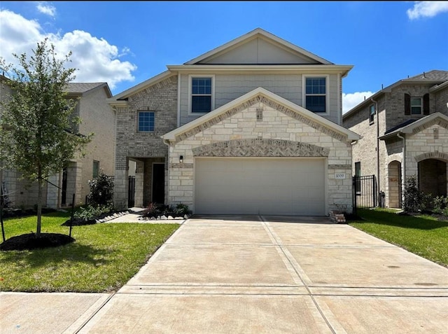 1009 Laguna Cove Dr, Katy, TX 77493 - french provincial home featuring driveway, a front yard, a garage, and stone siding