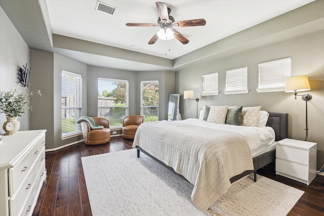 1402 Sullivan Springs Dr, Katy, TX 77494 - bedroom with dark wood-type flooring, a tray ceiling, and a ceiling fan