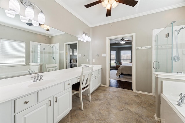 1402 Sullivan Springs Dr, Katy, TX 77494 - ensuite bathroom featuring a ceiling fan, a shower stall, double vanity, a bath, and crown molding