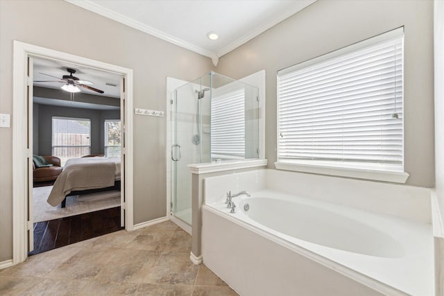 1402 Sullivan Springs Dr, Katy, TX 77494 - bathroom with a bath, a stall shower, ensuite bathroom, a ceiling fan, and crown molding