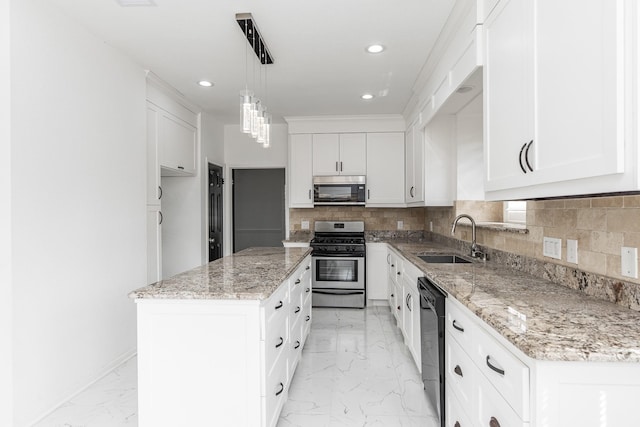 20411 Avery Point Dr, Katy, TX 77449 - kitchen with stainless steel appliances, light marble finish floors, a center island, light stone counters, and backsplash