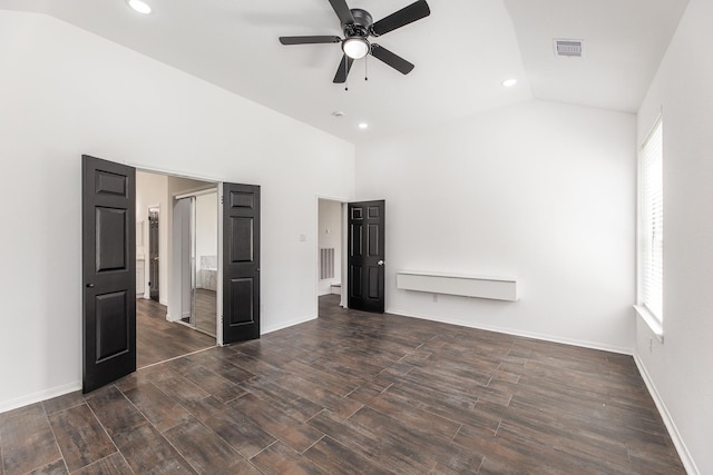 20411 Avery Point Dr, Katy, TX 77449 - unfurnished bedroom featuring dark wood finished floors, recessed lighting, ceiling fan, and high vaulted ceiling