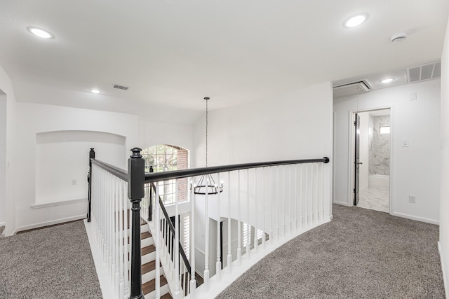 20411 Avery Point Dr, Katy, TX 77449 - hall with carpet floors, an upstairs landing, recessed lighting, and attic access