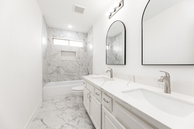 20411 Avery Point Dr, Katy, TX 77449 - bathroom featuring marble finish floors, double vanity, and bathing tub / shower combination