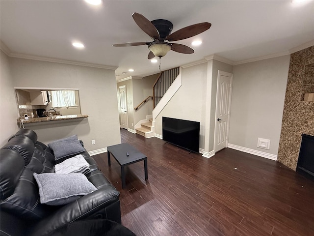 2330 Lakewood Yacht Club Dr Unit 7, Seabrook, TX 77586 - living room with stairway, ceiling fan, crown molding, dark wood-style floors, and recessed lighting
