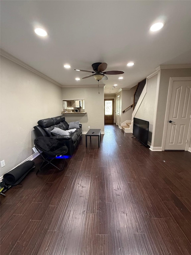 2330 Lakewood Yacht Club Dr Unit 7, Seabrook, TX 77586 - living room featuring stairs, a ceiling fan, dark wood finished floors, ornamental molding, and recessed lighting