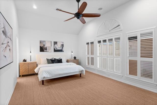 817 Rosine St, Houston, TX 77019 - bedroom with light carpet, lofted ceiling, and ceiling fan