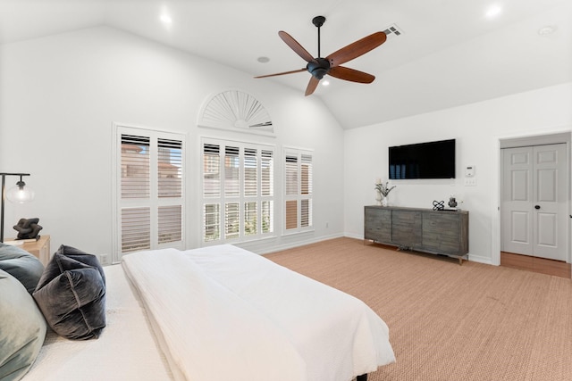 817 Rosine St, Houston, TX 77019 - bedroom with recessed lighting, light carpet, ceiling fan, and high vaulted ceiling