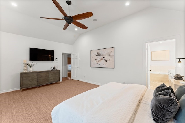 817 Rosine St, Houston, TX 77019 - carpeted bedroom with recessed lighting, high vaulted ceiling, ensuite bathroom, and ceiling fan
