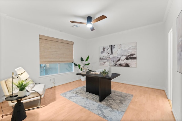 817 Rosine St, Houston, TX 77019 - office featuring light wood-style floors, a ceiling fan, and ornamental molding