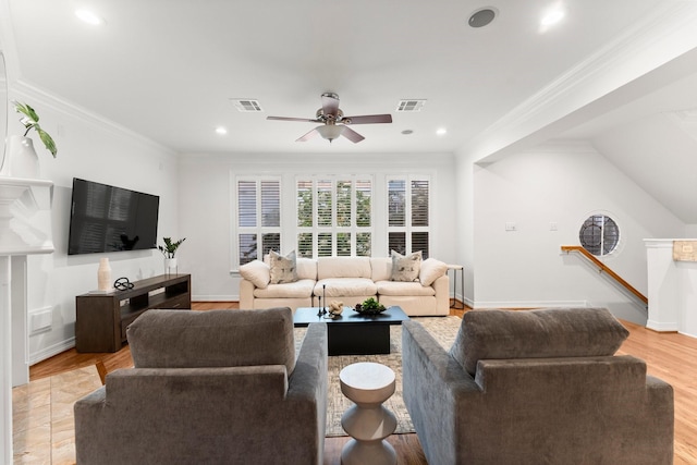 817 Rosine St, Houston, TX 77019 - living area with a ceiling fan, light wood-type flooring, recessed lighting, and ornamental molding