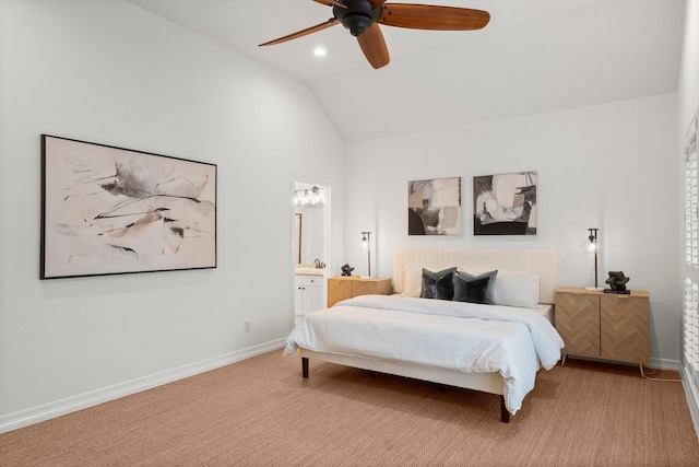 817 Rosine St, Houston, TX 77019 - bedroom with light colored carpet, ensuite bath, ceiling fan, and high vaulted ceiling