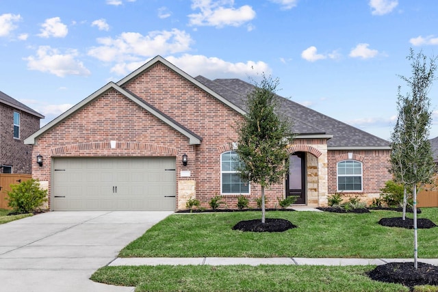 3118 Banyan Dr, Texas City, TX 77510 - view of front of home with brick siding, a garage, concrete driveway, roof with shingles, and a front lawn