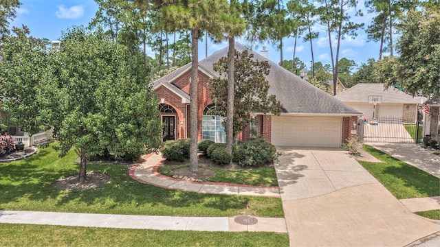 13615 Mierwood Manor Dr, Cypress, TX 77429 - view of front of property with brick siding, an attached garage, concrete driveway, a front yard, and a gate