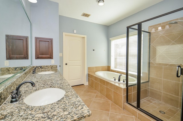 28722 Maple Red Dr, Katy, TX 77494 - bathroom with a stall shower, tile patterned flooring, a bath, and double vanity