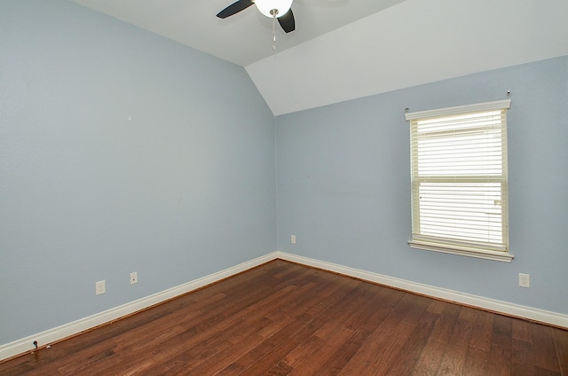 28722 Maple Red Dr, Katy, TX 77494 - spare room featuring ceiling fan, vaulted ceiling, and dark wood-style flooring