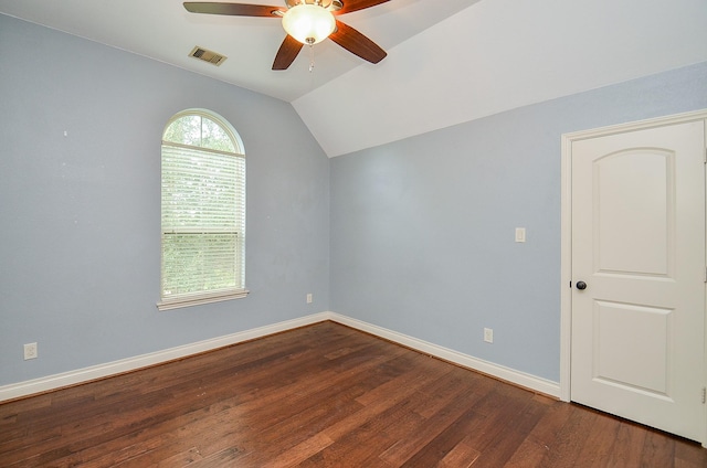28722 Maple Red Dr, Katy, TX 77494 - empty room with ceiling fan, wood finished floors, and vaulted ceiling