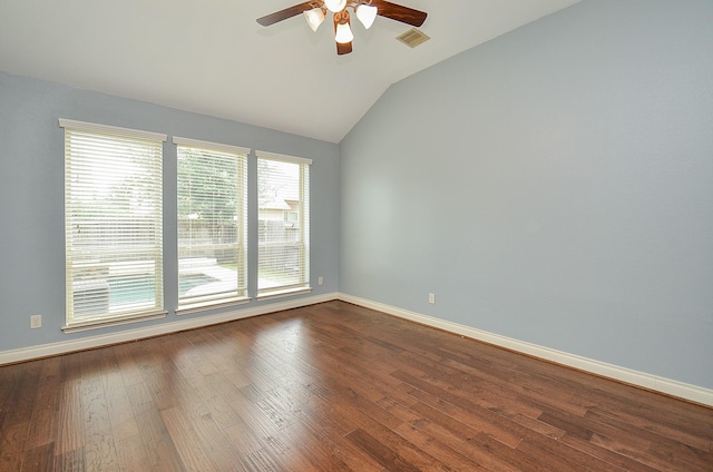 28722 Maple Red Dr, Katy, TX 77494 - unfurnished room with vaulted ceiling, a ceiling fan, and dark wood-style floors