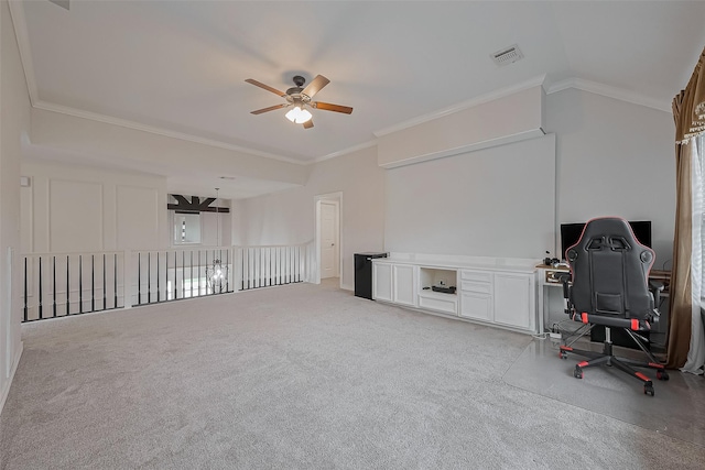 15610 Township Glen Ln, Cypress, TX 77433 - living area featuring a ceiling fan, crown molding, light colored carpet, and an office area