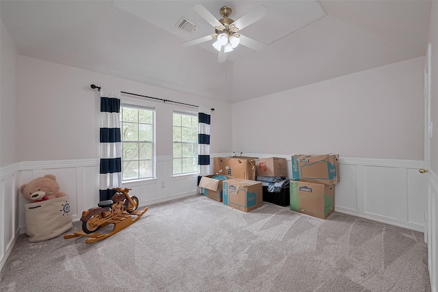 15610 Township Glen Ln, Cypress, TX 77433 - miscellaneous room featuring carpet floors, lofted ceiling, a ceiling fan, wainscoting, and a decorative wall
