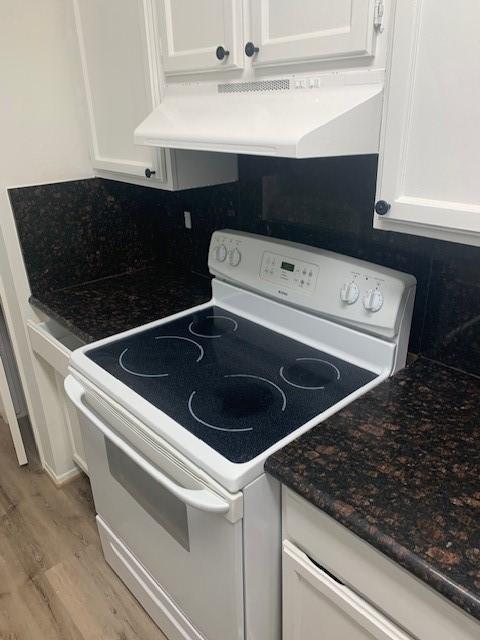 2425 Augusta Dr Unit 7, Houston, TX 77057 - kitchen with white range with electric cooktop, premium range hood, white cabinetry, and light wood finished floors