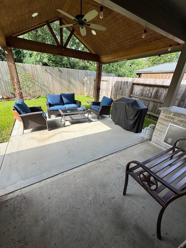 24223 Palomino Sage Trl, Katy, TX 77493 - fenced backyard with a ceiling fan, outdoor lounge area, a gazebo, area for grilling, and a patio area