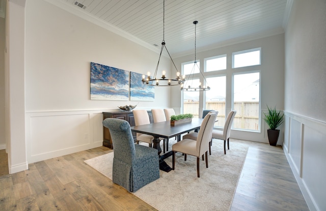 12607 Smokey Sunset Ct, Cypress, TX 77433 - dining area with ornamental molding, a chandelier, healthy amount of natural light, wood-type flooring, and wainscoting
