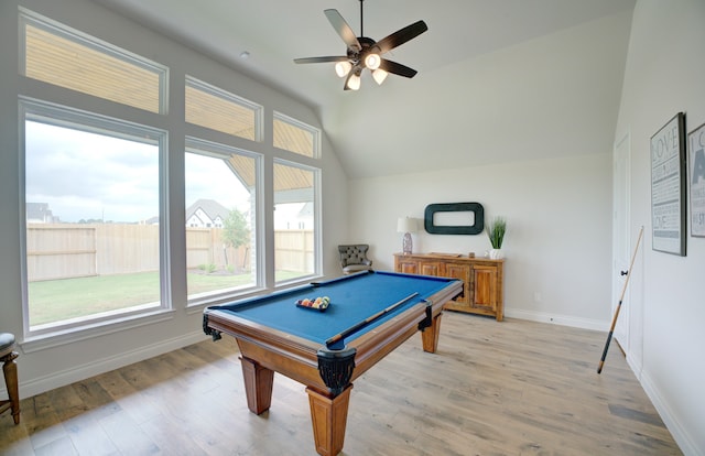 12607 Smokey Sunset Ct, Cypress, TX 77433 - playroom featuring lofted ceiling, plenty of natural light, ceiling fan, pool table, and light wood-style flooring