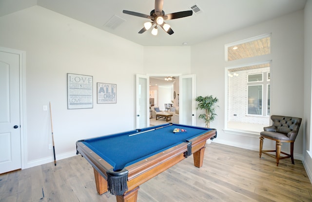12607 Smokey Sunset Ct, Cypress, TX 77433 - rec room featuring billiards table, ceiling fan, vaulted ceiling, and light wood-style flooring