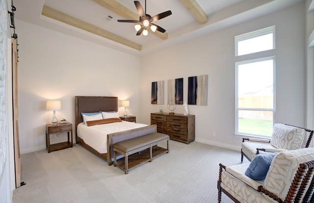 12607 Smokey Sunset Ct, Cypress, TX 77433 - bedroom with light colored carpet, multiple windows, a ceiling fan, and beam ceiling